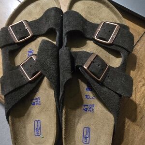 Birkenstock Dark Suede Sandals with Copper Buckles